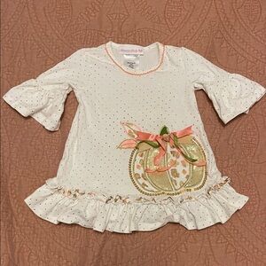 Bonnie Baby White Bell Sleeve Dress with Pink Trim & Gold Pumpkin
